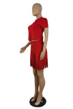 Red Fashion Casual Solid Tassel O Neck Short Sleeve Two Pieces