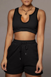 Black Casual Solid Patchwork V Neck Sleeveless Two Pieces