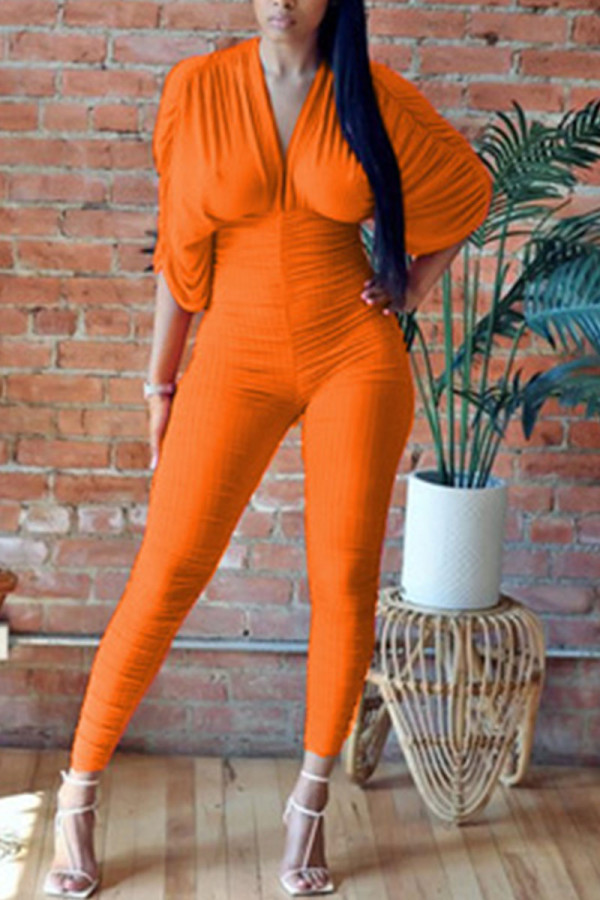 Tangerine British Style Solid Patchwork Fold V Neck Skinny Jumpsuits