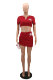 Red Fashion Casual Print Basic V Neck Short Sleeve Two Pieces