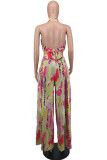 Red Yellow Fashion Sexy Print Backless Halter Sleeveless Two Pieces