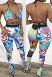 Blue Fashion Sexy Print Bandage Backless Halter Sleeveless Two Pieces