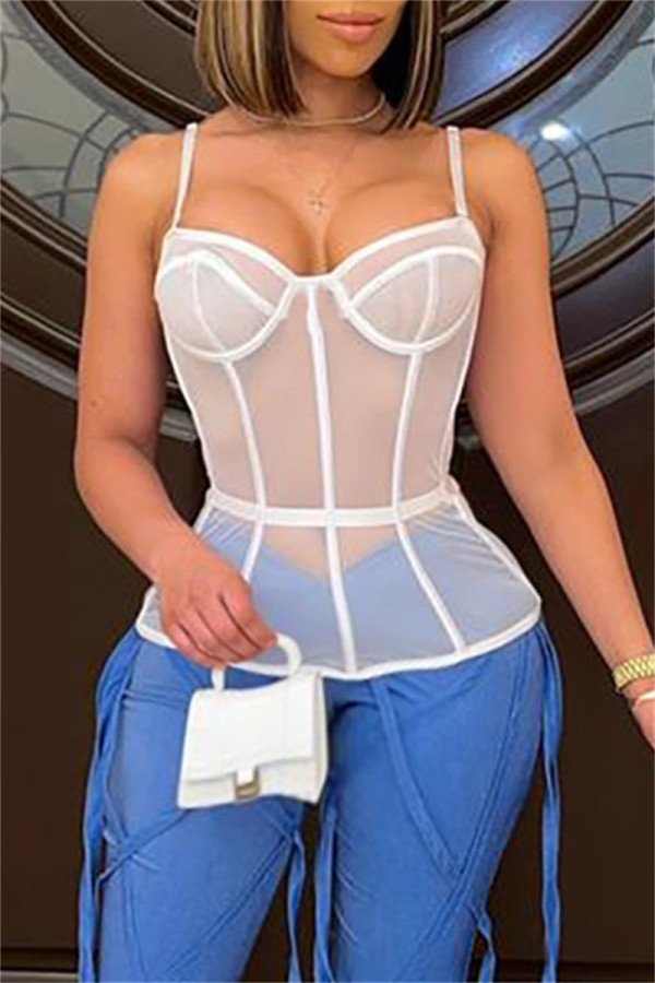 White Fashion Sexy Solid See-through Backless Spaghetti Strap Tops