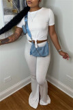 White Fashion Casual Solid Basic O Neck Short Sleeve Two Pieces