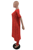 Red Fashion Casual Print Asymmetrical Oblique Collar Half Sleeve Two Pieces