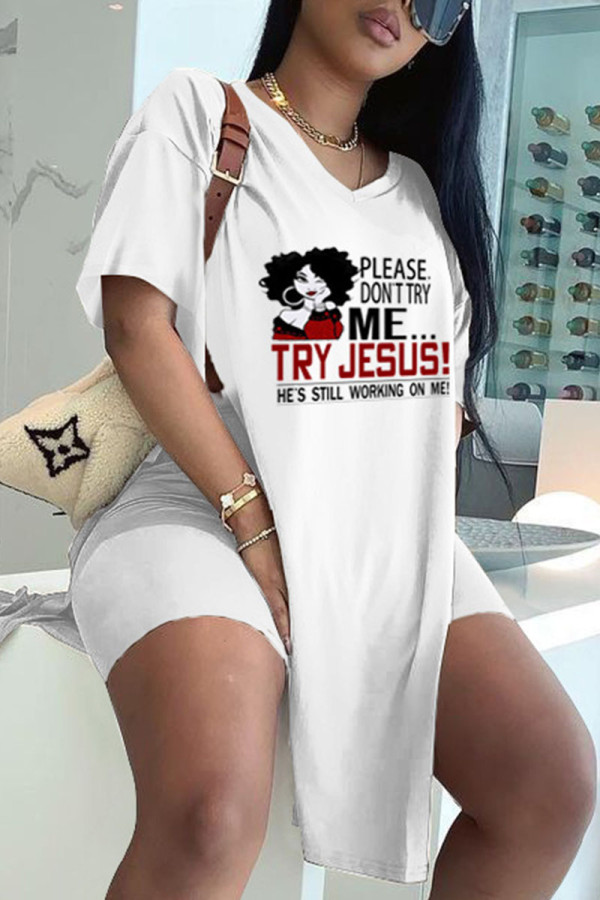 White Casual Print Patchwork High Opening O Neck Short Sleeve Two Pieces
