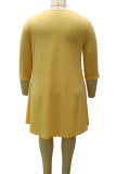 Yellow Casual Solid Patchwork Hot Drill O Neck Long Sleeve Plus Size Dresses