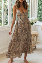 Leopard Print Elegant Leopard Cross Straps V Neck Cake Skirt Dresses