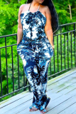 Blue Sexy Print Patchwork Halter Straight Jumpsuits