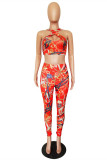 Red Sexy Casual Print Backless U Neck Sleeveless Two Pieces