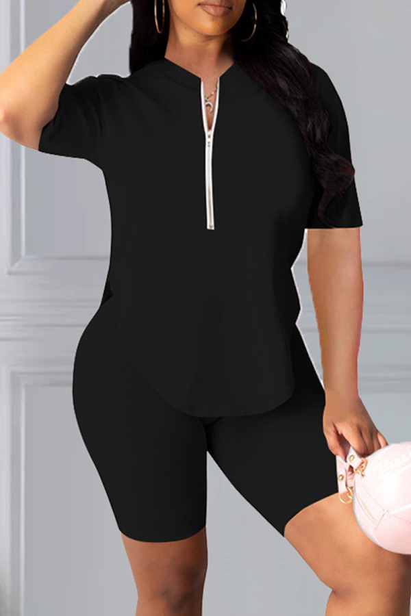 Black Casual Solid Patchwork Zipper Collar Short Sleeve Two Pieces