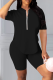 Black Casual Solid Patchwork Zipper Collar Short Sleeve Two Pieces