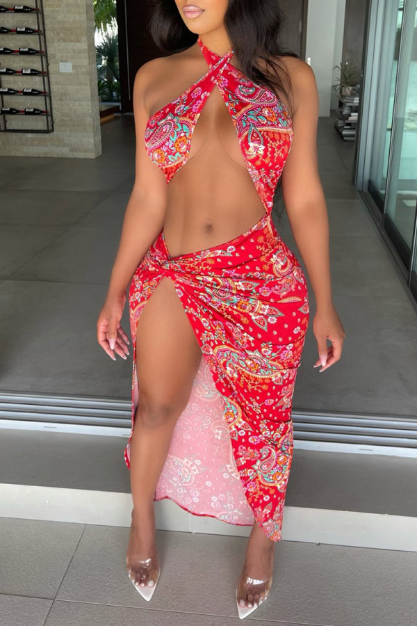 Red Sexy Print Hollowed Out Backless Slit Halter Sleeveless Dress