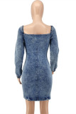 Blue Fashion Sexy Solid Hollowed Out V Neck Long Sleeve Denim Dress