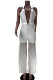 White Fashion Sexy Solid Patchwork Backless Halter Regular Jumpsuits