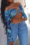 Blue Fashion Sexy Print Bandage Backless Off the Shoulder Tops