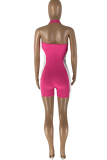 Rose Red Sexy Solid Patchwork Halter Skinny Rompers