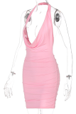 Pink Fashion Sexy Solid Split Joint U Neck Pencil Skirt Dresses