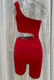 Red Sexy Solid Hollowed Out Patchwork Oblique Collar Skinny Rompers