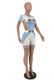 Baby Blue Casual Sportswear Letter Print Patchwork O Neck Short Sleeve Two Pieces