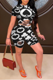 Black Casual Print Hollowed Out O Neck Short Sleeve Two Pieces