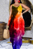 Orange Fashion Casual Print Tie Dye Backless Spaghetti Strap Sleeveless Dress