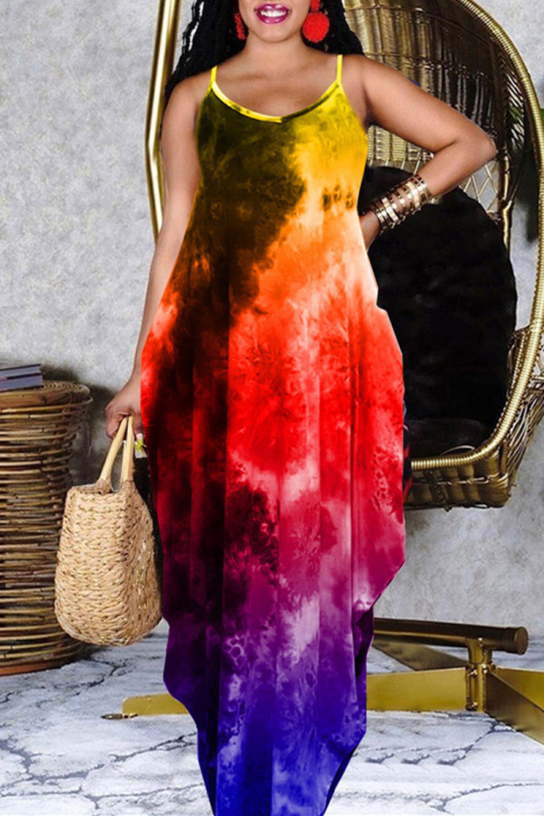 Orange Fashion Casual Print Tie Dye Backless Spaghetti Strap Sleeveless Dress