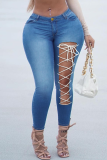 Deep Blue Sexy Solid Hollowed Out Draw String Plus Size Jeans