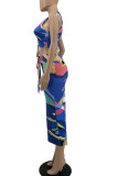 Blue Sexy Print Patchwork Draw String V Neck Sleeveless Two Pieces