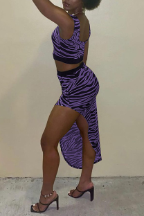 Purple Sexy Leopard High Opening U Neck Sleeveless Two Pieces