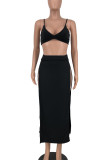 Black Sexy Solid Patchwork Backless High Opening Spaghetti Strap Sleeveless Two Pieces