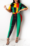 Multicolor Sportswear Striped Patchwork Hooded Collar Half Sleeve Two Pieces