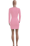 Pink Casual Solid Split Joint V Neck A Line Dresses