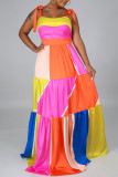 Colour Elegant Color Lump Print Patchwork Spaghetti Strap Sling Dress Dresses