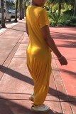 Yellow Fashion Casual Solid Pocket V Neck Regular Jumpsuits
