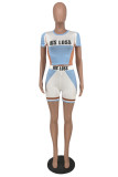 Baby Blue Casual Sportswear Letter Print Patchwork O Neck Short Sleeve Two Pieces