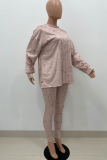 Khaki Casual Patchwork Tie-dye O Neck Long Sleeve Two Pieces