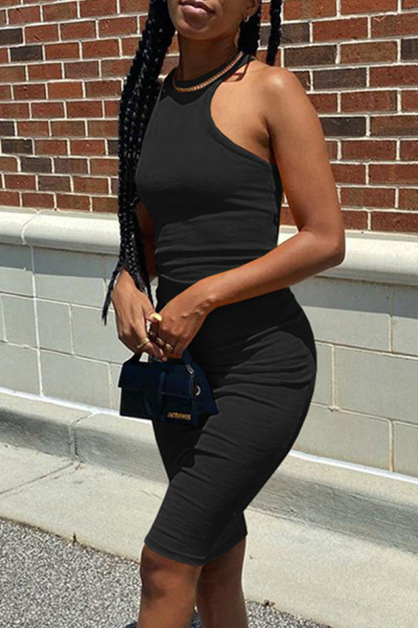 Black Sexy Casual Solid Vests O Neck Sleeveless Dress Dresses