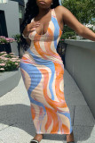 Orange Sexy Print Patchwork Spaghetti Strap A Line Dresses