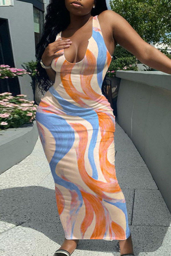 Orange Sexy Print Patchwork Spaghetti Strap A Line Dresses