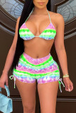 Red Sexy Tie Dye Patchwork Frenulum Backless Swimwears