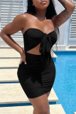 Pink Fashion Sexy Solid Hollowed Out Backless Strapless Sleeveless Dress