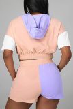 Tangerine Casual Color Block Patchwork Hooded Collar Short Sleeve Two Pieces