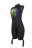 Black Casual Print Patchwork Half A Turtleneck Skinny Rompers