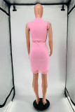 Pink Fashion Casual Solid Patchwork Half A Turtleneck Sleeveless Dress