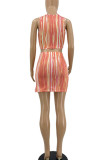 Blue Sexy Print Hollowed Out Patchwork Asymmetrical Halter Sleeveless Two Pieces