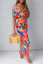 Multicolor Fashion Sexy Print Backless Off the Shoulder Short Sleeve Two Pieces