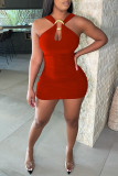 Red Fashion Sexy Solid Backless V Neck Sleeveless Dress