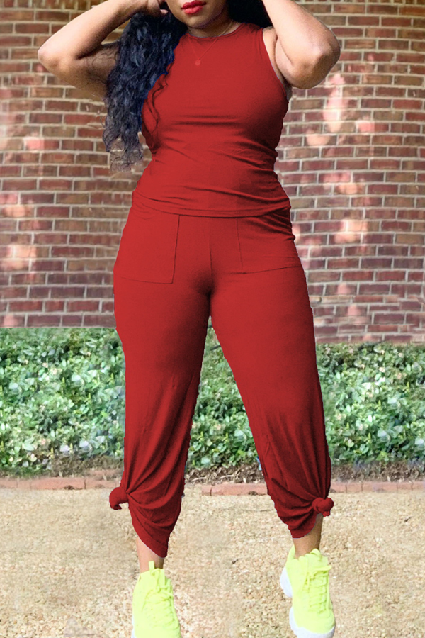 Red Casual Solid Patchwork O Neck Sleeveless Two Pieces