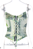 Red Sexy Print Patchwork Buckle Strapless Tops